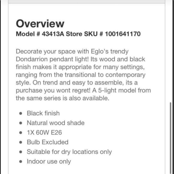 NEW IN BOX Eglo Famborough Pendant Light 1L, Black Finish with Natural Wood - Picture 3 of 4